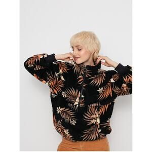 Billabong Sherpa Fleece Pullover Black Tropical Palm Leaf Zip Cozy Surf Jacket M